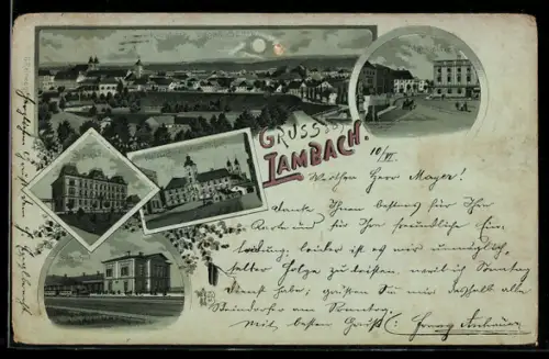 Mondschein-Lithographie Lambach, Panorama mit Marktplatz und Kirche