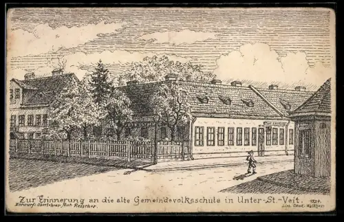 Lithographie Unter-St.-Veit, Alte Gemeindevolksschule