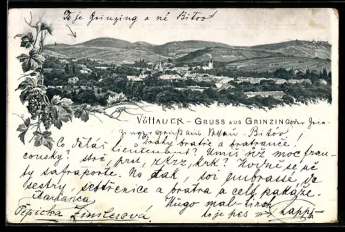 AK Grinzing, Panorama mit Ort und Weinbergen
