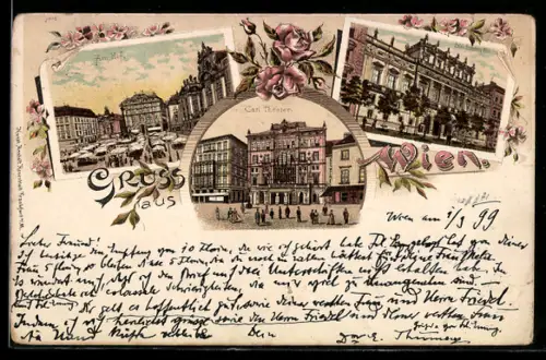 Lithographie Wien, Carltheater und weitere Stadtansichten