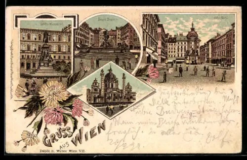 Lithographie Wien, Schiller-Denkmal, Platz mit Brunnen, Karlskirche