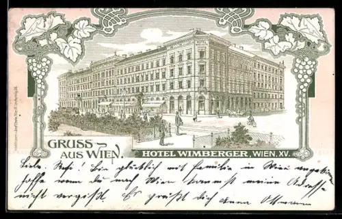 Lithographie Wien, Hotel Wimberger, Fassadenansicht