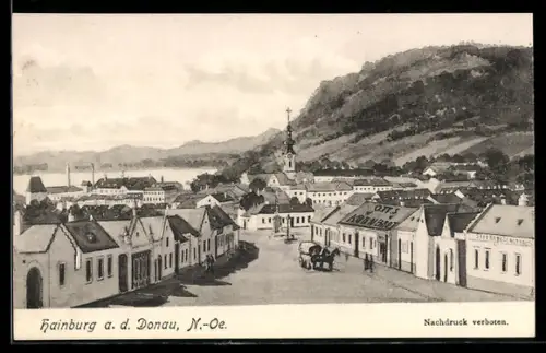 Lithographie Hainburg a. d. Donau, Panorama mit Kirche und Hauptstrasse