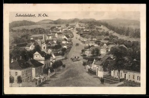 AK Scheideldorf /N.-Oe., Panorama mit Hauptstrasse und Kirche