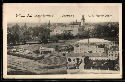 AK Wien, Kaiser-Ebersdorf, Panorama mit k.k. Montur-Depot