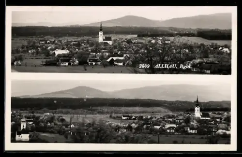 AK Allhau /Bgld., Panorama mit Kirche und Gebirgspanorama