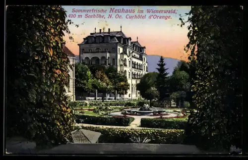 AK Neuhaus im Wienerwald, Kurhotel d`Orange, Park mit Brunnen