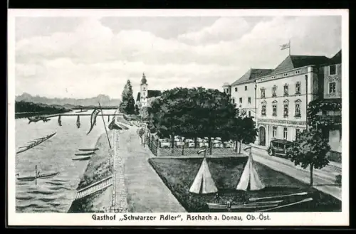 AK Aschach a. Donau, Gasthof Schwarzer Adler mit Donaulände