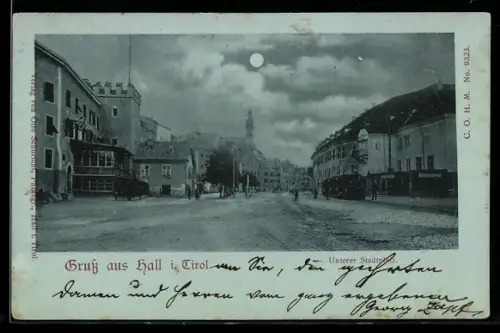 Mondschein-AK Hall i. Tirol, Unterer Stadtplatz