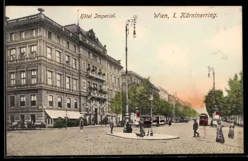 Lithographie Wien, Kärntnerring mit Hotel Imperial und Strassenbahn