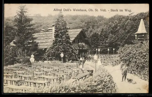 AK Ob. St. Veit, Gasthof Weinhaus Alfred Doll, Freiluftgarten mit Tischen