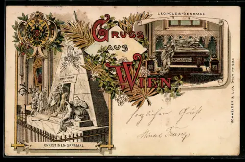 Lithographie Wien, Christinen-Grabmal und Leopolds-Denkmal