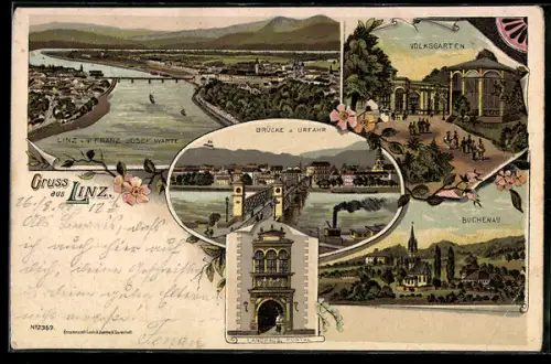 Lithographie Linz, Brücke und Urfahr, Blick v. d. Franz-Josefs-Warte, Volksgarten