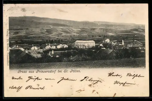 AK Prinzersdorf bei St. Pölten, Panorama mit Ort und Feldern