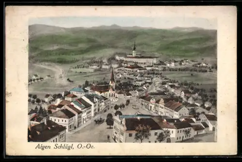 AK Aigen Schlägl /O.-Oe., Panorama mit Kirche und Hauptstrasse