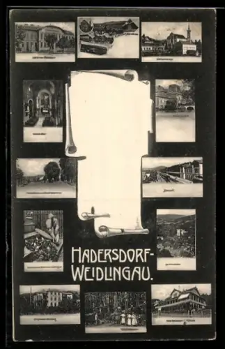 AK Hadersdorf-Weidlingau, Schloss Laudon, Jubiläums-Volksschule, Bahnhof