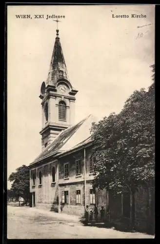 AK Wien, Jedlesee, Loretto-Kirche mit Strassenpartie