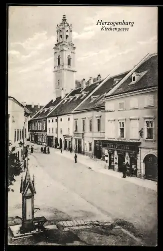 AK Herzogenburg, Kirchengasse mit Geschäft von Ludwig Petschka