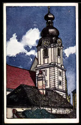 Künstler-AK Neunkirchen, Turm der Pfarrkirche
