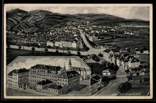 Künstler-AK Wien, Strebersdorf, Schloss, Teilansicht mit Strassenpartie