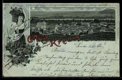 Mondschein-Lithographie Krems, Teilansicht mit Kirche, Weinbäuerin