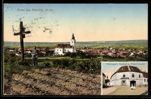 AK Röschitz /N.-Oe., Gasthof und Fleischhauerei Wieninger, Teilansicht mit Kirche