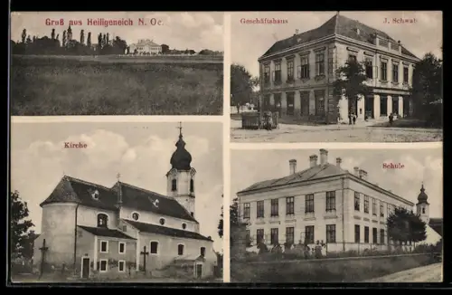 AK Heiligeneich /N. Oe., Geschäftshaus J. Schwab, Kirche, Schule