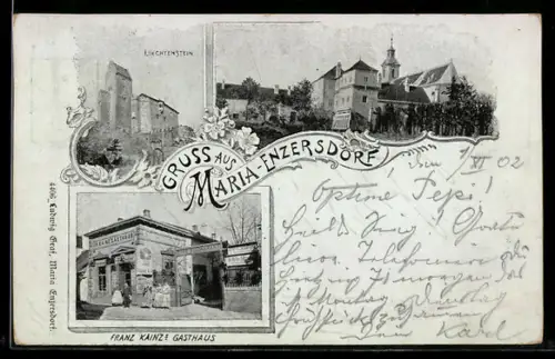 AK Maria-Enzersdorf, Gasthaus Franz Kainz, Schloss Liechtenstein, Kirche