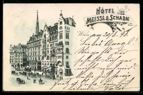 Lithographie Wien, Hotel Meissl & Schadn mit Strassenpartie