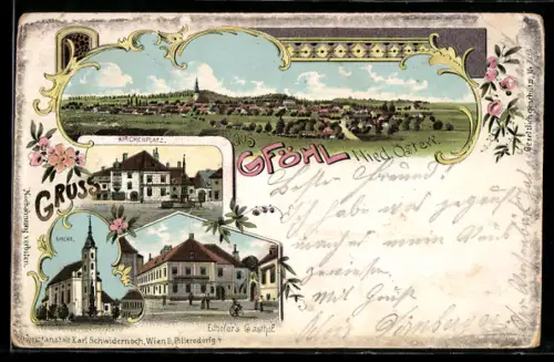 Lithographie Gföhl /Nied. Österr., Gasthof Edhofer, Kirche, Kirchenplatz