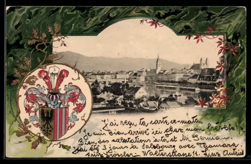 Lithographie Linz, Teilansicht mit Kirche, Wappen, Passepartout