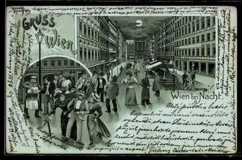 Mondschein-Lithographie Wien, Strassenpartie mit Brunnen