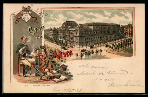 Lithographie Wien, Universität mit Pferdebahn, Student sitzt am Tisch