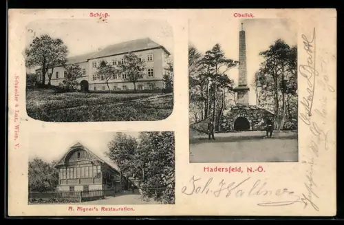 AK Hadersfeld /N.-Ö., Restaurant A. Aigner, Schloss, Obelisk