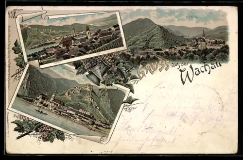 Lithographie Rossatz /Wachau, Teilansicht, Dürnstien, Spitz