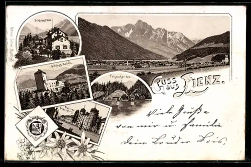 Lithographie Lienz, Schiessstätte, Schloss Bruck, Unterer Stadtplatz