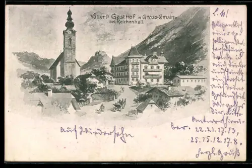 Lithographie Gross-Gmain bei Reichenhall, Gasthof Vötterl mit Kirche