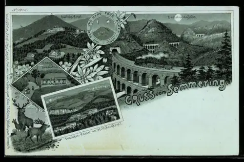 Mondschein-Lithographie Semmering, Südbahn-Hotel und Semmeringbahn, Meierei, Touristen-Häuser am Wolfsbergkogel