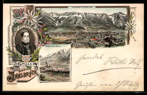 Lithographie Innsbruck, GesamtansichtBildnis Philippine Welser, Schloss Ambras