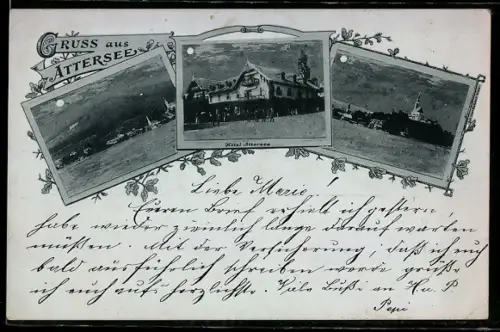 Mondschein-AK Attersee, Hotel Attersee, Kirche, Uferpartie