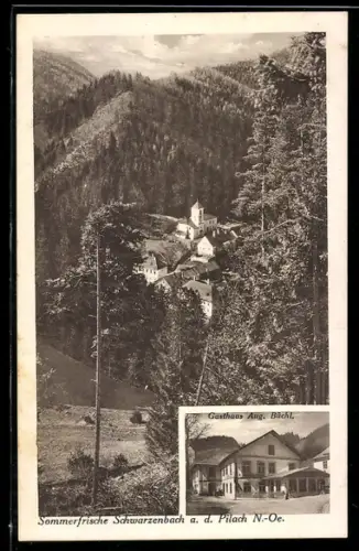 AK Schwarzenbach a. d. Pilach, Gasthaus Aug. Büchl, Panorama mit Kirche