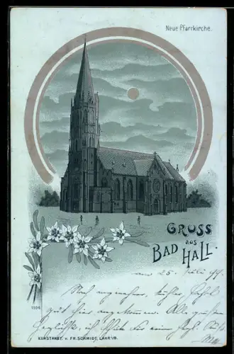 Mondschein-Lithographie Bad Hall, Kirche mit Alpenblumen