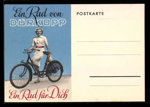 AK Reklame Dürkopp Fahrrad Greven i. W, Frau mit einem Dürkopp-Damenrad