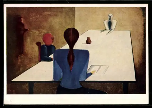 Künstler-AK Oskar Schlemmer: Drei Personen an einem Tisch