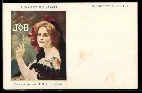 Künstler-AK Reklame für JOB-Zigarettenpapier, Calendrier 1910, Frau mit Zigarette, Jugendstil