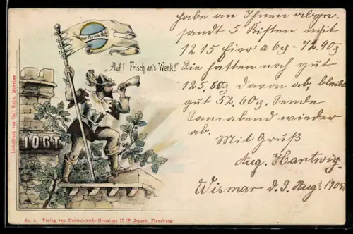 AK Mann mit Horn und Flagge, IOGT, Freimaurer