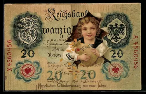 AK Kind mit Geldsack auf Banknote