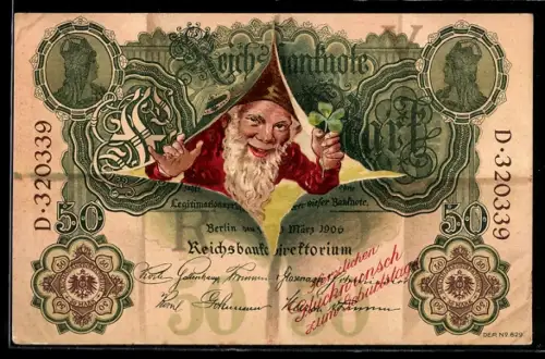 AK Geldschein 50 Reichsmark, Zwerg mit Kleeblatt