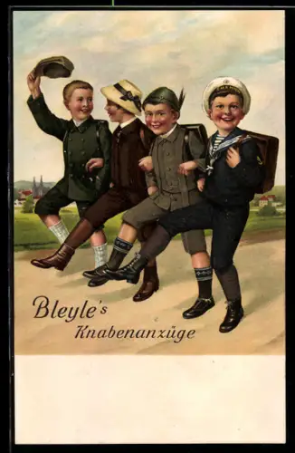 AK Bleyle`s Knabenanzüge, Vier lachende Jungen in verschiedenen Anzügen, Reklame