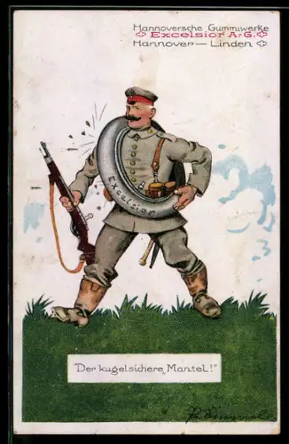 AK Hannover, Excelsior AG, Der kugelsichere Mantel, Soldat mit Gummireifen
